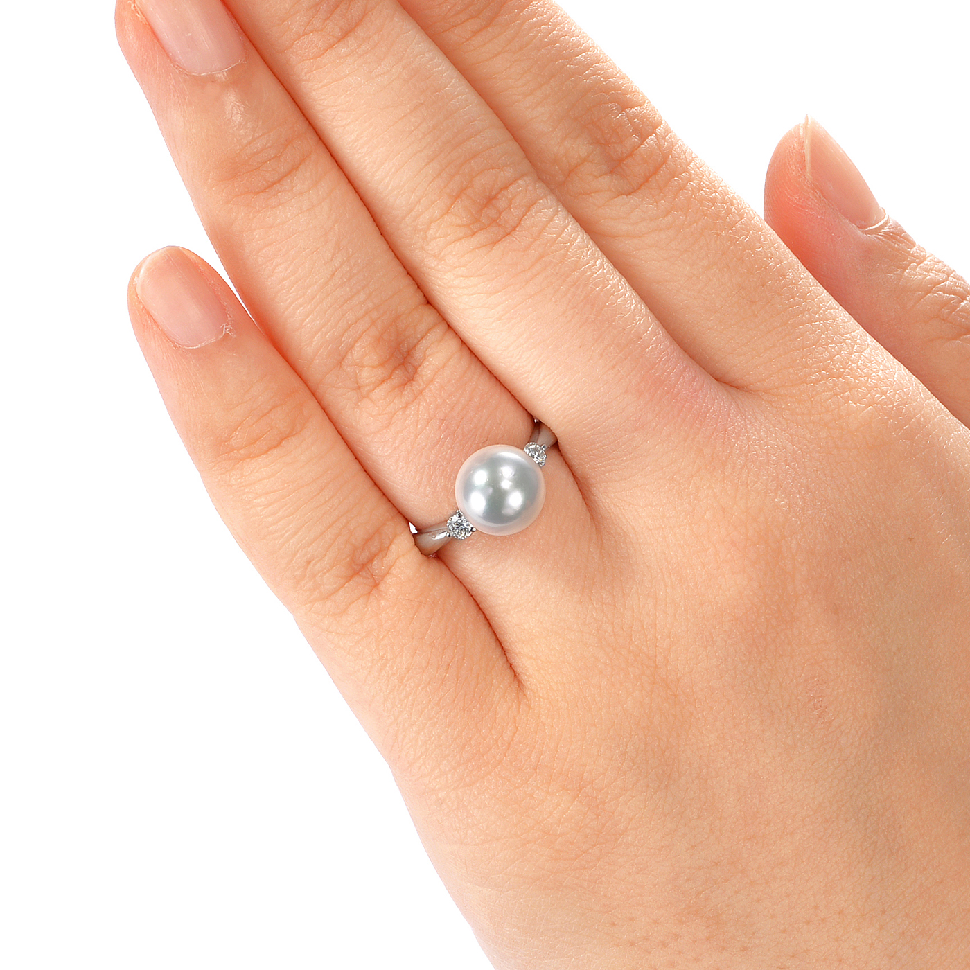 オーロラ花珠真珠リング(指輪)上級（9ミリ以上【9.5ミリ以上も有】無調色・プラチナ900 ダイヤ合計0.15カラット）5枚目