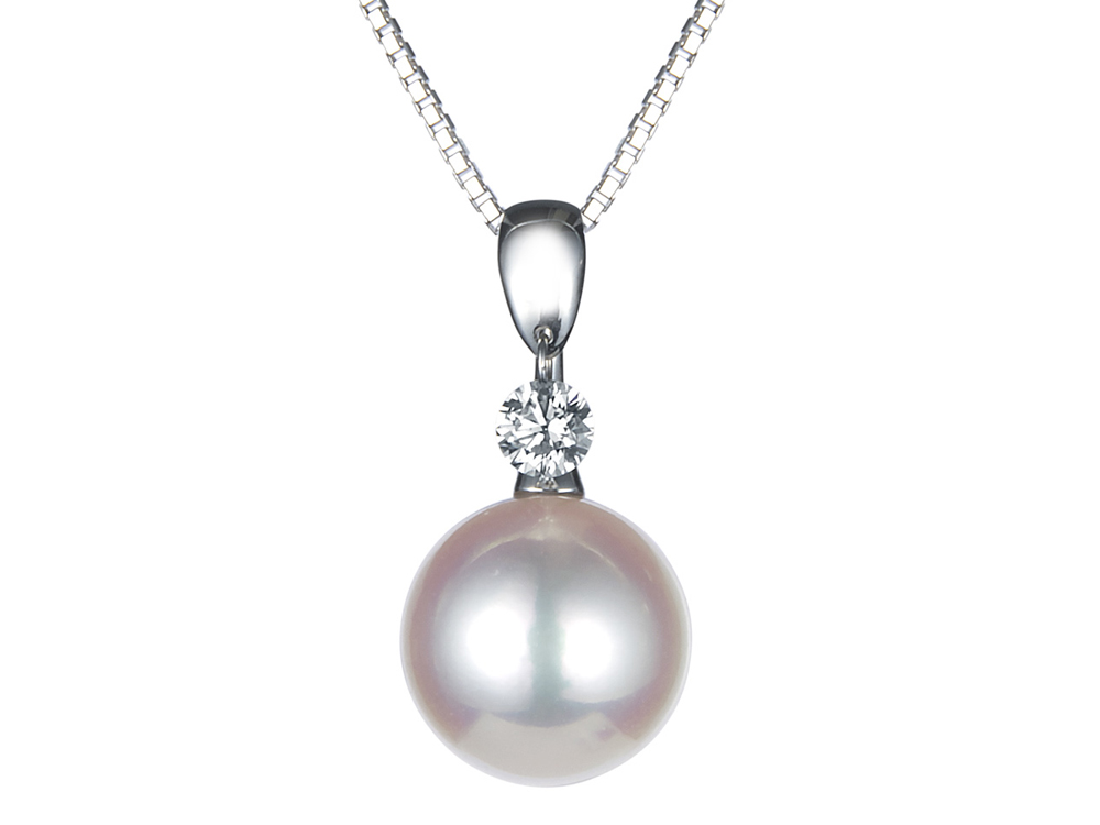 オーロラ天女 花珠真珠 1粒ダイヤ ペンダントネックレス  プラチナ製  0.08ct（9ミリ以上【9.5ミリ以上も有】無調色タイプも有）